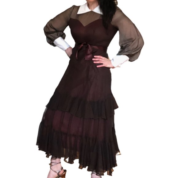 Vtg 60s/70s Wednesday Addams Goth Prairie Tiered Ruffle Contrast Trim Maxi Dress - Picture 4 of 17